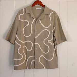 Zara Mens Raised Embroidered Short Sleeve Button Up Shirt Camp Size S Collar